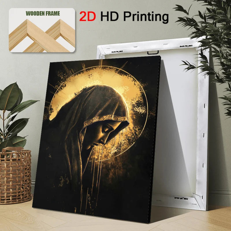 3pcs Religious Canvas Art Set - Golden Cross, Virgin Mary & Jesus, Solemn & Mystical Christian Wall Decor with Wooden Frame, 2D