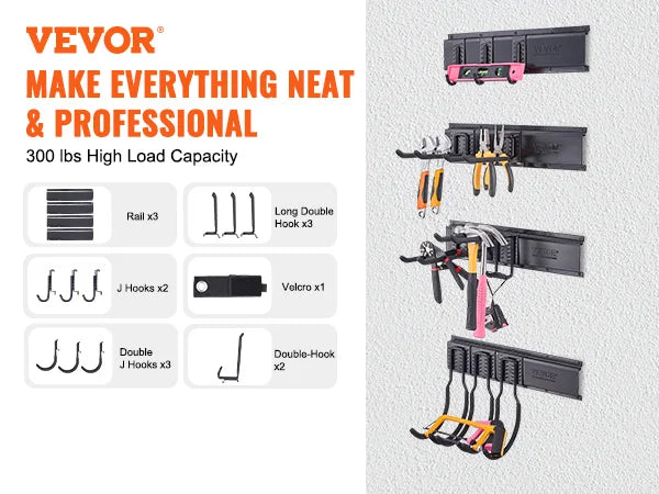 Wall Mount Heavy Duty Storage Rack W/ Adjustable Hook Rails for Shovels Trimmers Hose