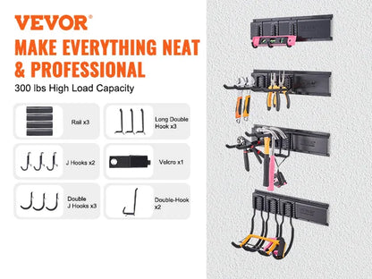 Wall Mount Heavy Duty Storage Rack W/ Adjustable Hook Rails for Shovels Trimmers Hose