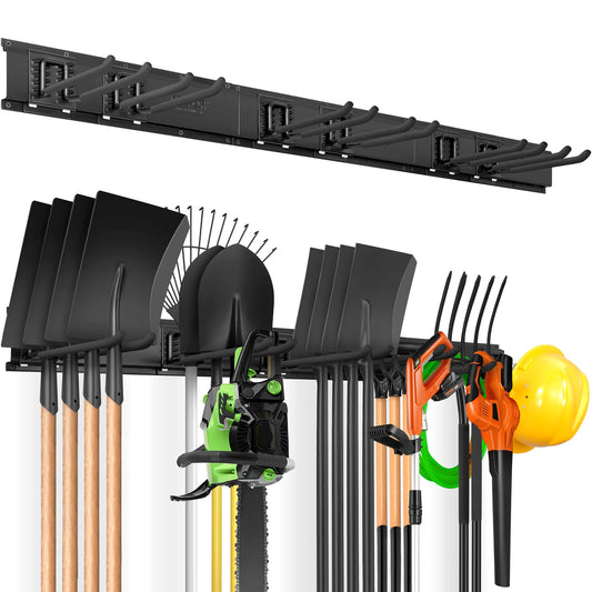Wall Mount Heavy Duty Storage Rack W/ Adjustable Hook Rails for Shovels Trimmers Hose