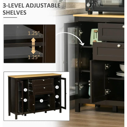 47" Sideboard Buffet With Rubber Wood Top, Glass Door,  Drawers, Adjustable