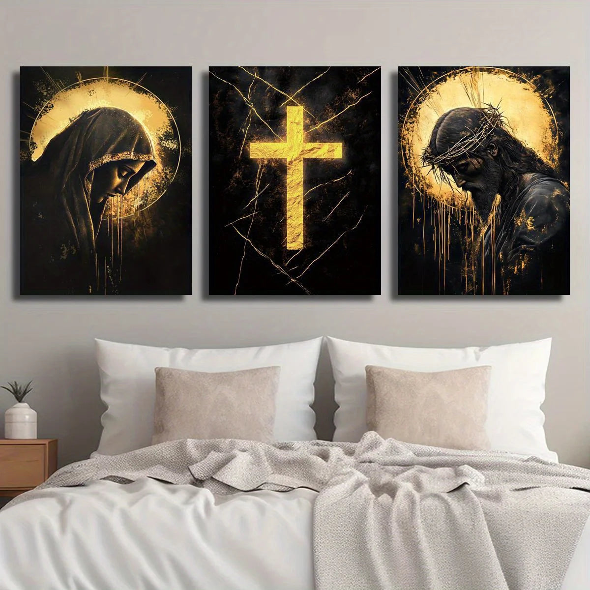 3pcs Religious Canvas Art Set - Golden Cross, Virgin Mary & Jesus, Solemn & Mystical Christian Wall Decor with Wooden Frame, 2D