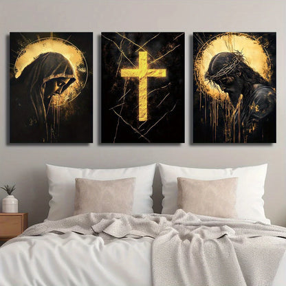3pcs Religious Canvas Art Set - Golden Cross, Virgin Mary & Jesus, Solemn & Mystical Christian Wall Decor with Wooden Frame, 2D