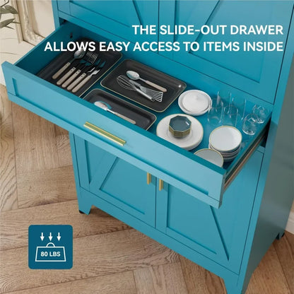 71" H Farmhouse Metal Kitchen Storage Cabinets,Blue Pantry