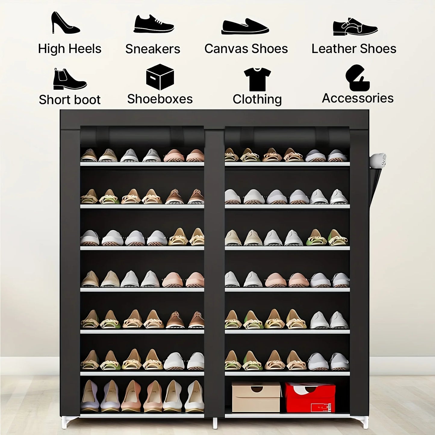 6-layer double row shoe rack with dust cover, black plastic design