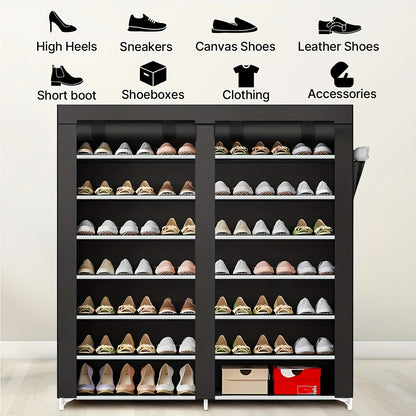 6-layer double row shoe rack with dust cover, black plastic design