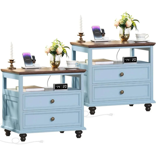Nightstand Set of 2 with Charging Station, 24" Wide End Table with 2 Drawers