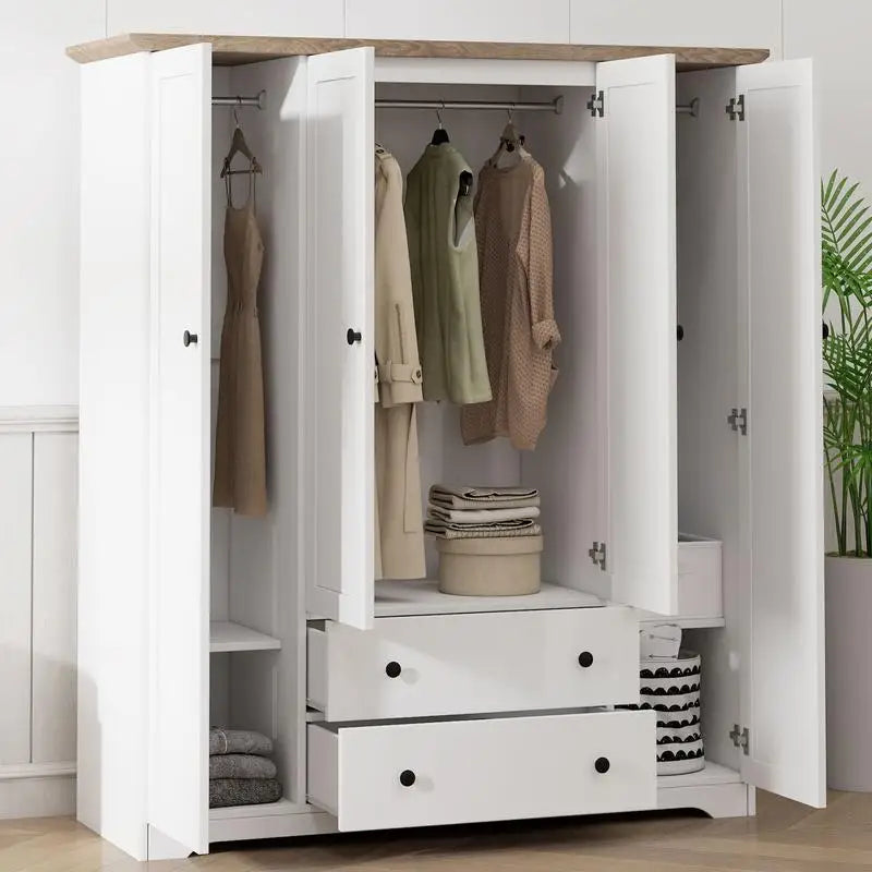 4-Door Wardrobe Armoire Closet with 2 Drawers in White Finish