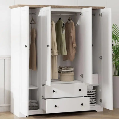 4-Door Wardrobe Armoire Closet with 2 Drawers in White Finish