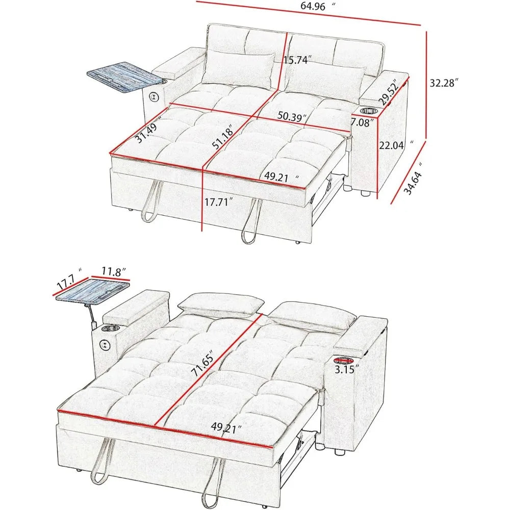 Sleeper Sofa Bed with Adjustable Backrest,, Side Table & USB/-C Ports