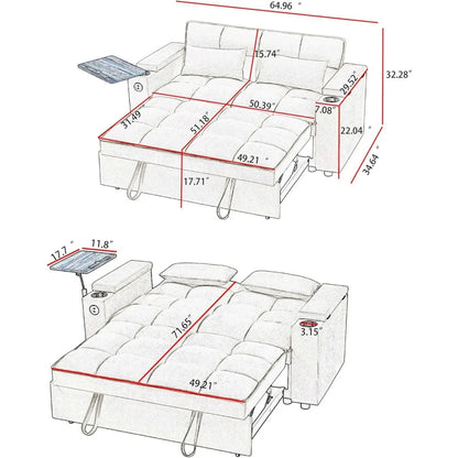 Sleeper Sofa Bed with Adjustable Backrest,, Side Table & USB/-C Ports