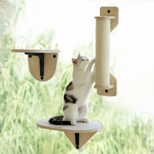 Cat Window Perch Hammock with Climbing Steps and Scratching Post Wooden Window Mounted