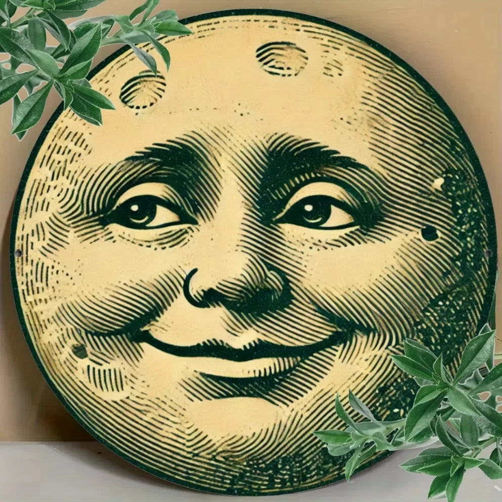 "Smiling Moon" Vintage Metal Tin Sign – Wall Art.