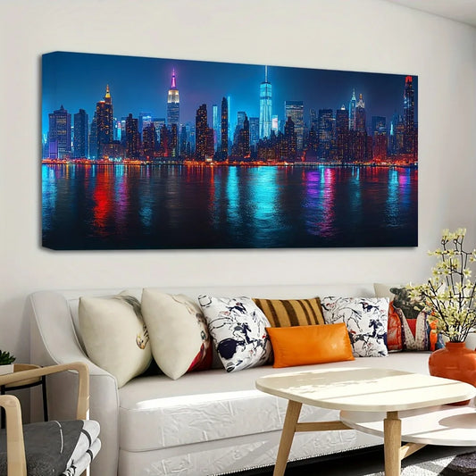 1.5 inch thick pine frame, night view, New York City skyline, wall decor