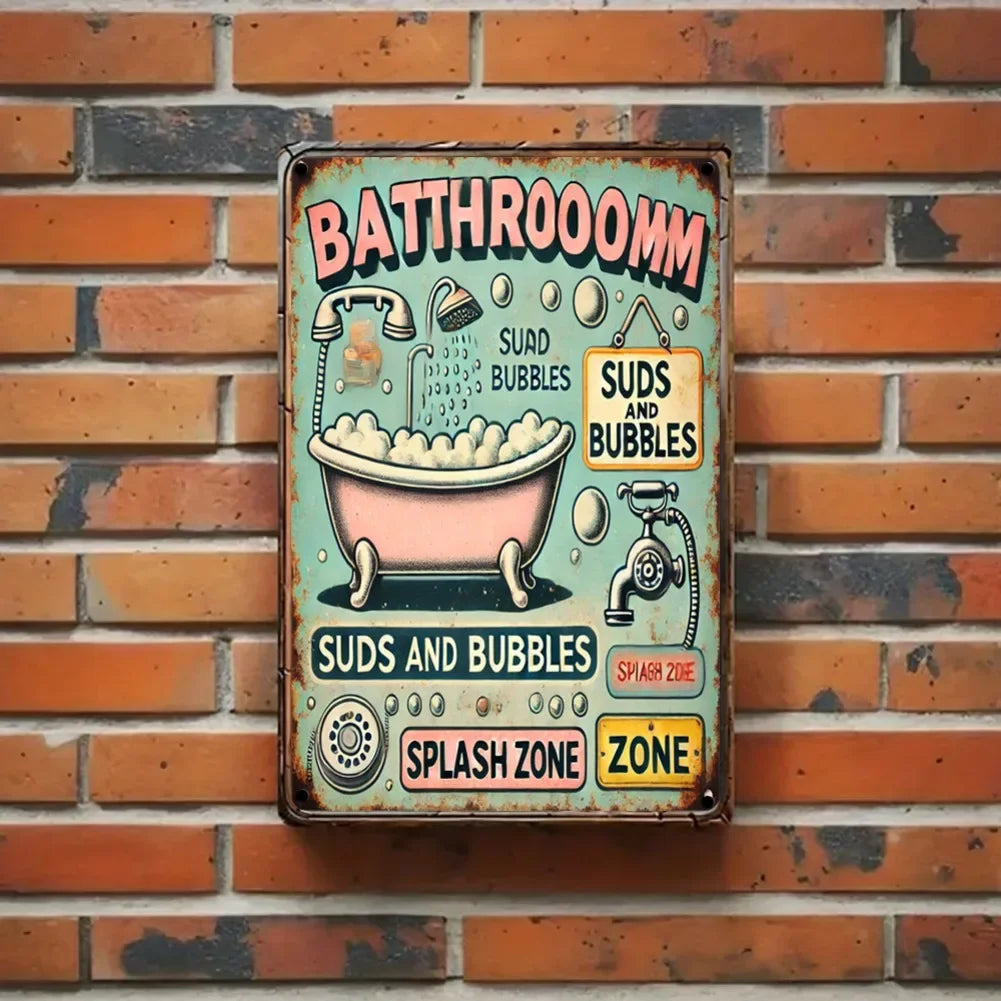 1pc Vintage 8x12" Metal Tin Sign - "Bathroom Suds and Bubbles"