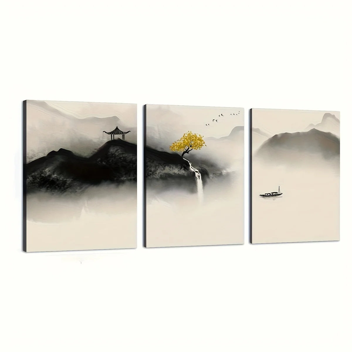 3pcs Japanese Zen-Inspired Watercolor Canvas, Black and White Minimalist Landscape with Yellow Tree,