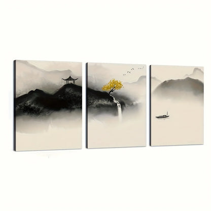 3pcs Japanese Zen-Inspired Watercolor Canvas, Black and White Minimalist Landscape with Yellow Tree,