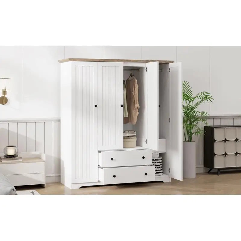 4-Door Wardrobe Armoire Closet with 2 Drawers in White Finish