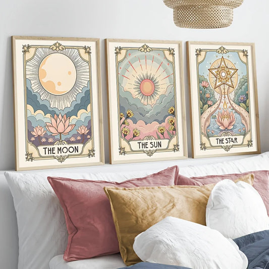 3pcs Vintage Tarot Art Print Set, Wall Decor