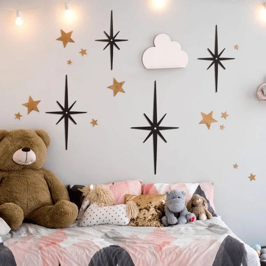 Star Wall Decor Set of 4 - Mid-Century Ironwork Octagonal Ornaments,