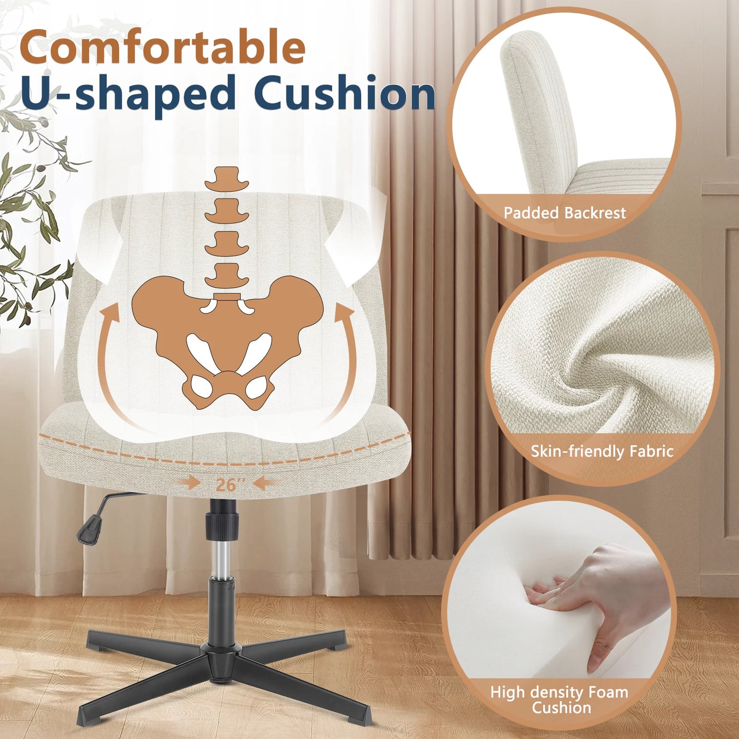 Adjustable Swivel Cross Legged Armless Wide Desk Chair