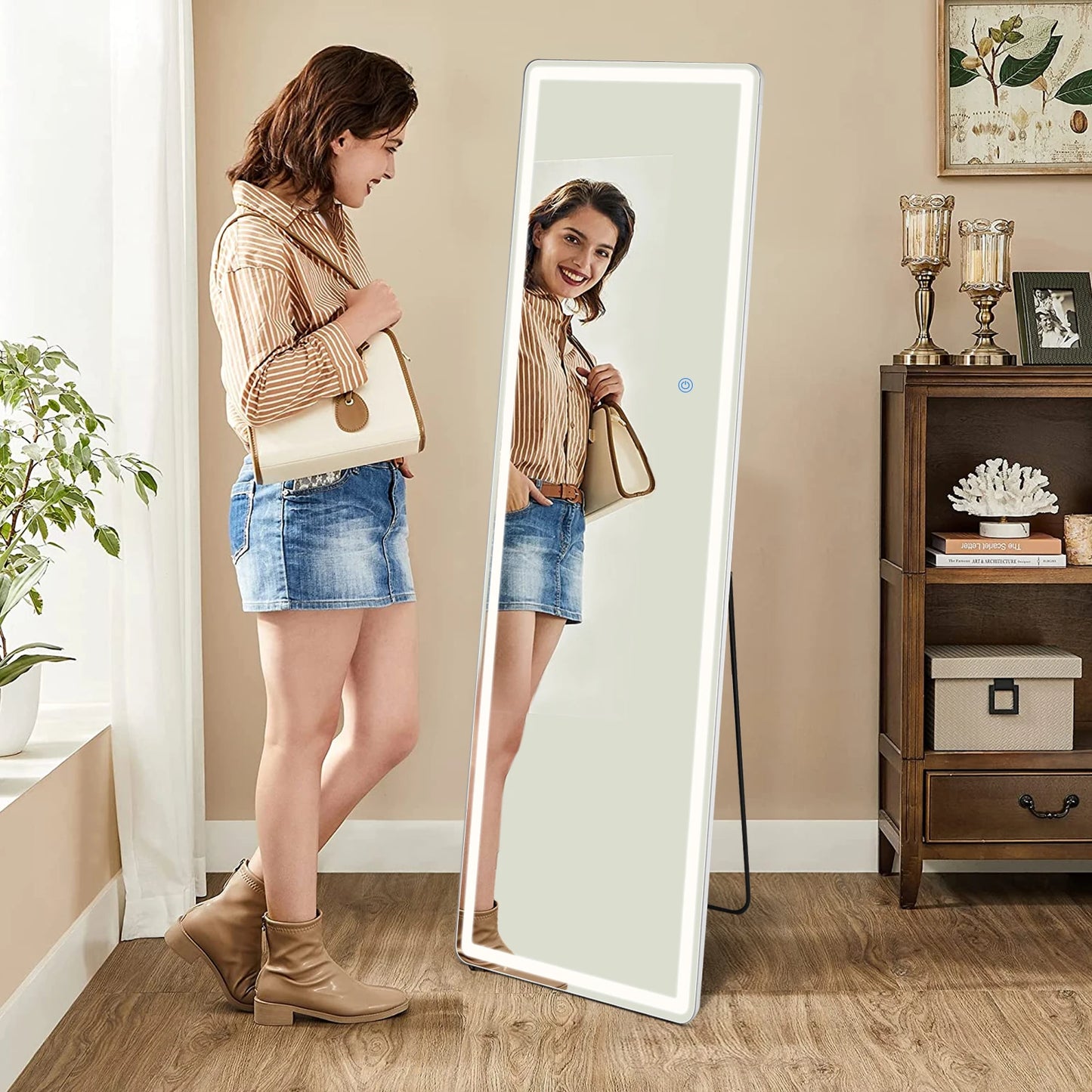 Led 64"x21" Full Length Mirror with Stand Aluminum Alloy Frame For Living Room