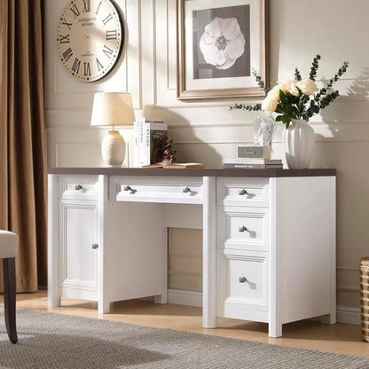 "58" Farmhouse Computer Desk - 5 Drawers , Adjustable Shelf