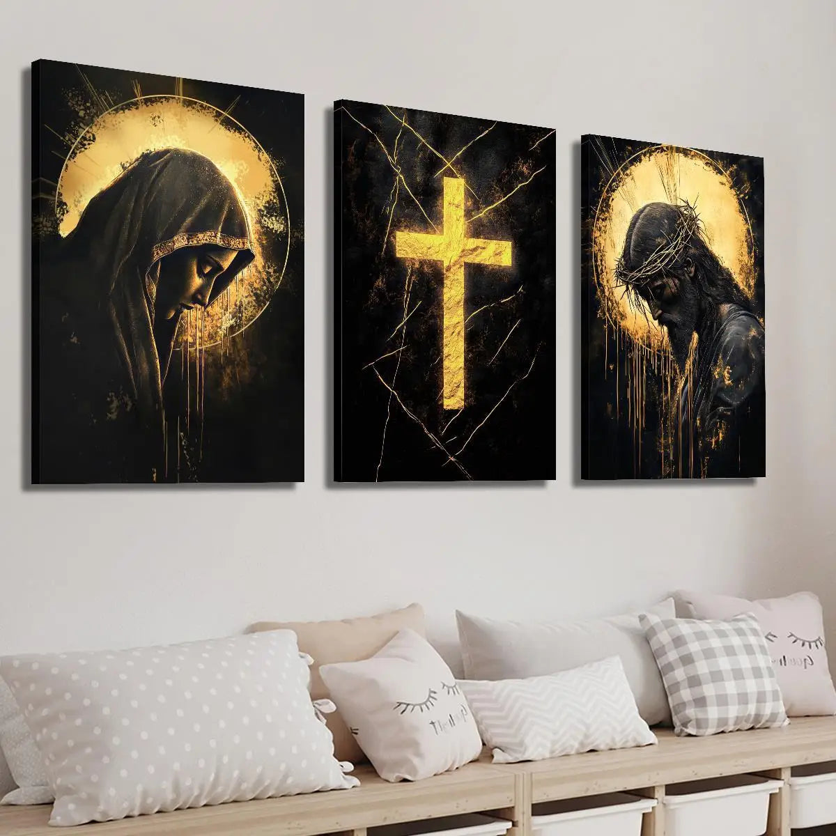 3pcs Religious Canvas Art Set - Golden Cross, Virgin Mary & Jesus, Solemn & Mystical Christian Wall Decor with Wooden Frame, 2D
