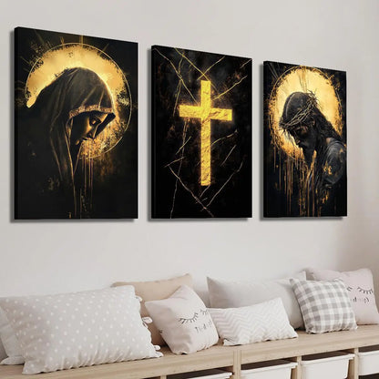 3pcs Religious Canvas Art Set - Golden Cross, Virgin Mary & Jesus, Solemn & Mystical Christian Wall Decor with Wooden Frame, 2D