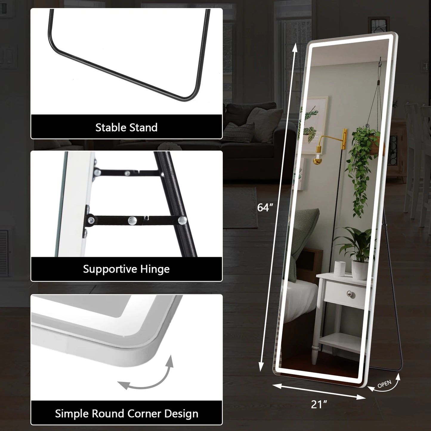 Led 64"x21" Full Length Mirror with Stand Aluminum Alloy Frame For Living Room