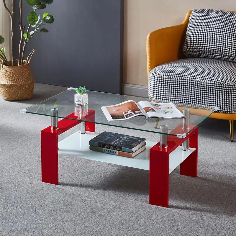 Red Rectangular Coffee Table with Double Layer Storage Shelf