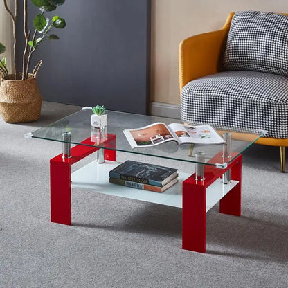 Red Rectangular Coffee Table with Double Layer Storage Shelf