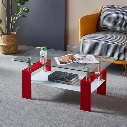 Red Rectangular Coffee Table with Double Layer Storage Shelf