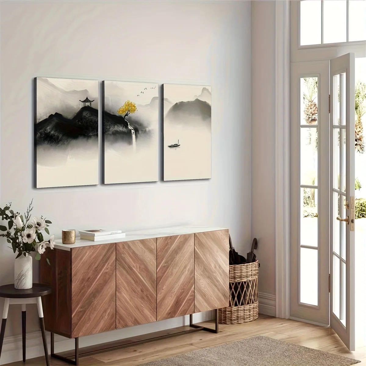 3pcs Japanese Zen-Inspired Watercolor Canvas, Black and White Minimalist Landscape with Yellow Tree,