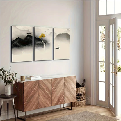 3pcs Japanese Zen-Inspired Watercolor Canvas, Black and White Minimalist Landscape with Yellow Tree,
