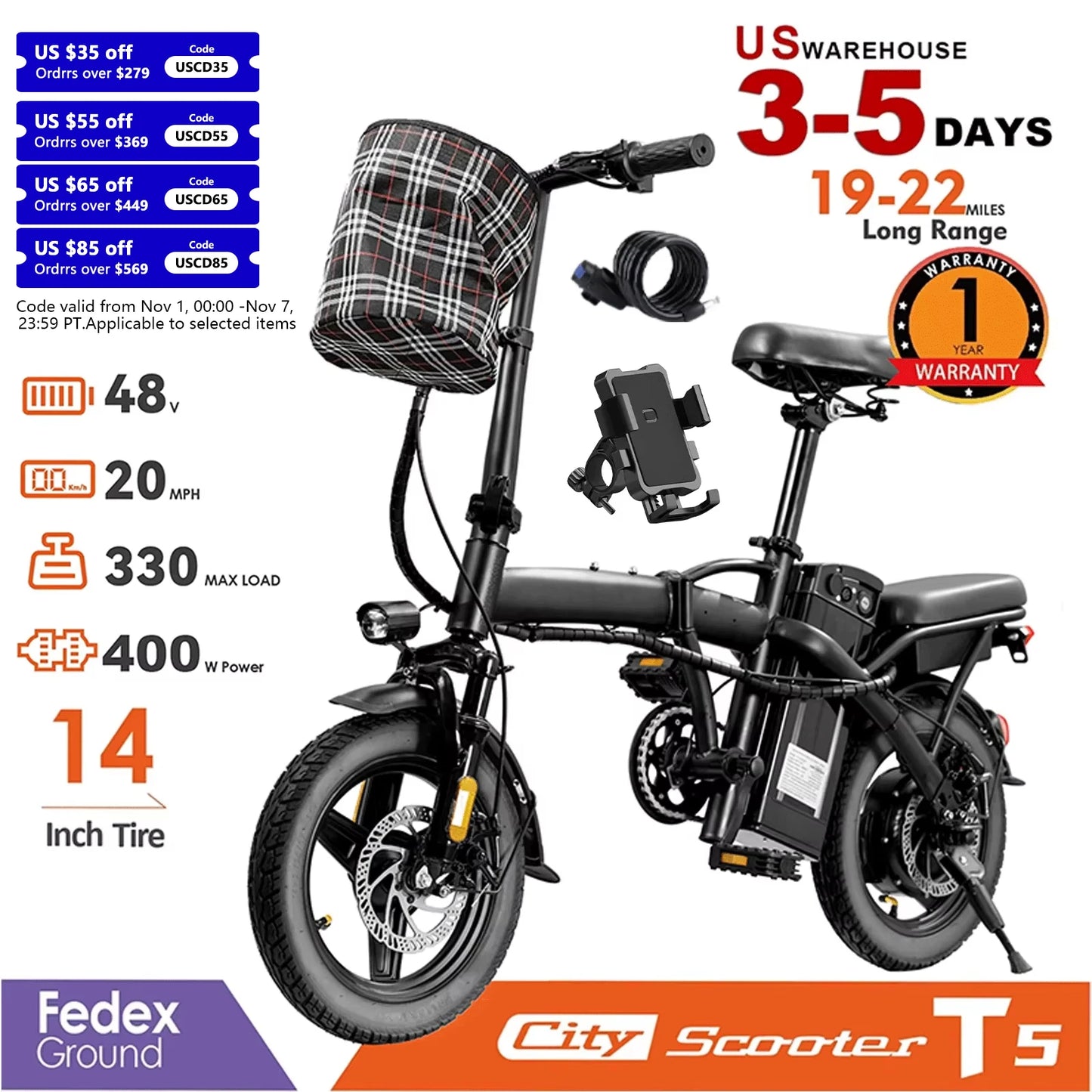 14inch Electric Bike, 20 MPH,48V Removable Battery,400W Motor, Adult Folding Electric Bicycle