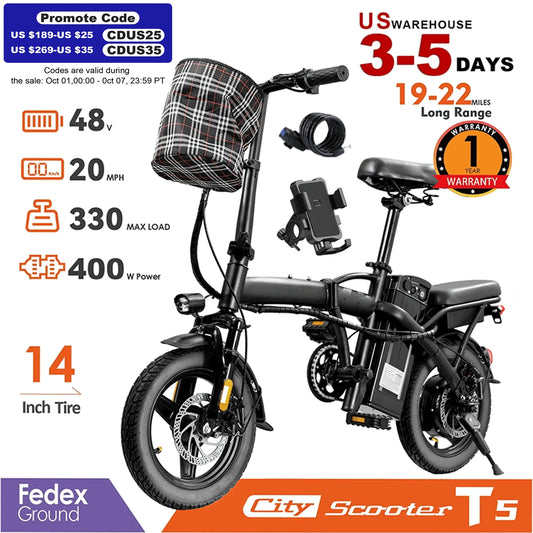 14inch Electric Bike, 20 MPH,48V Removable Battery,400W Motor, Adult Folding Electric Bicycle