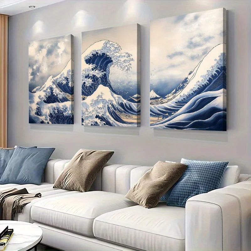 3pcs Great Wave Inspired Ocean Canvas Wall Art  Painting