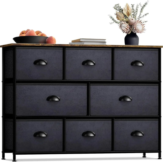 Dresser with 8 Drawers Steel Frame, Wood Top & Handle, Fabric Bins