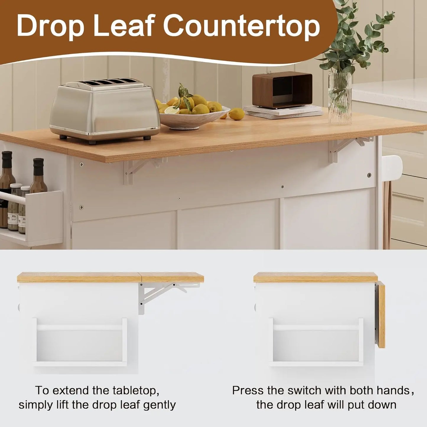 48" Rolling Kitchen Island with Drop Leaf & Trash Can Storage