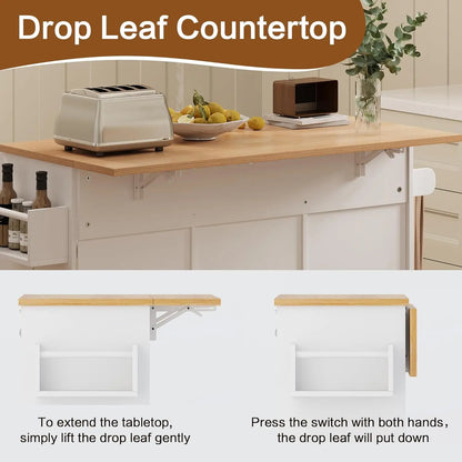 48" Rolling Kitchen Island with Drop Leaf & Trash Can Storage