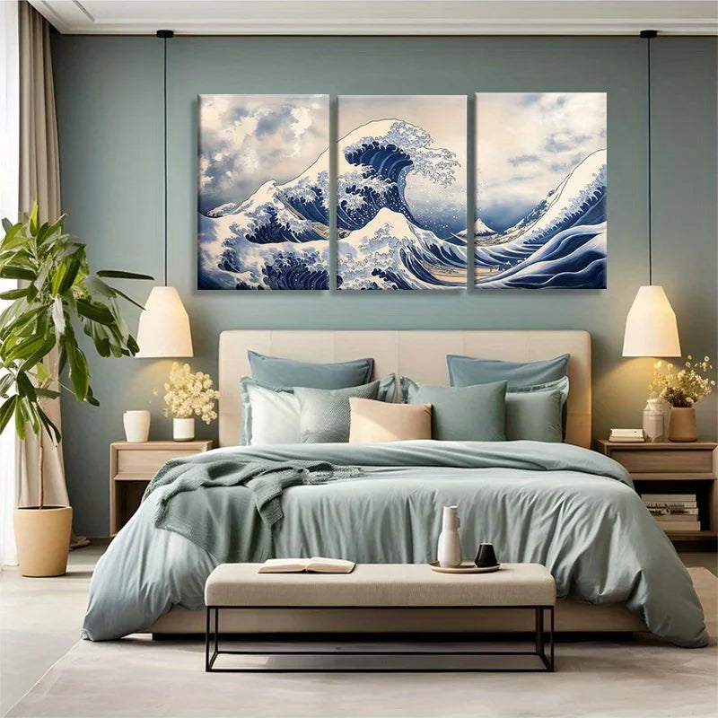 3pcs Great Wave Inspired Ocean Canvas Wall Art  Painting