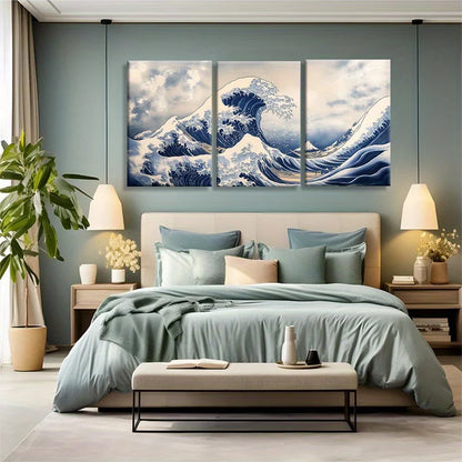 3pcs Great Wave Inspired Ocean Canvas Wall Art  Painting