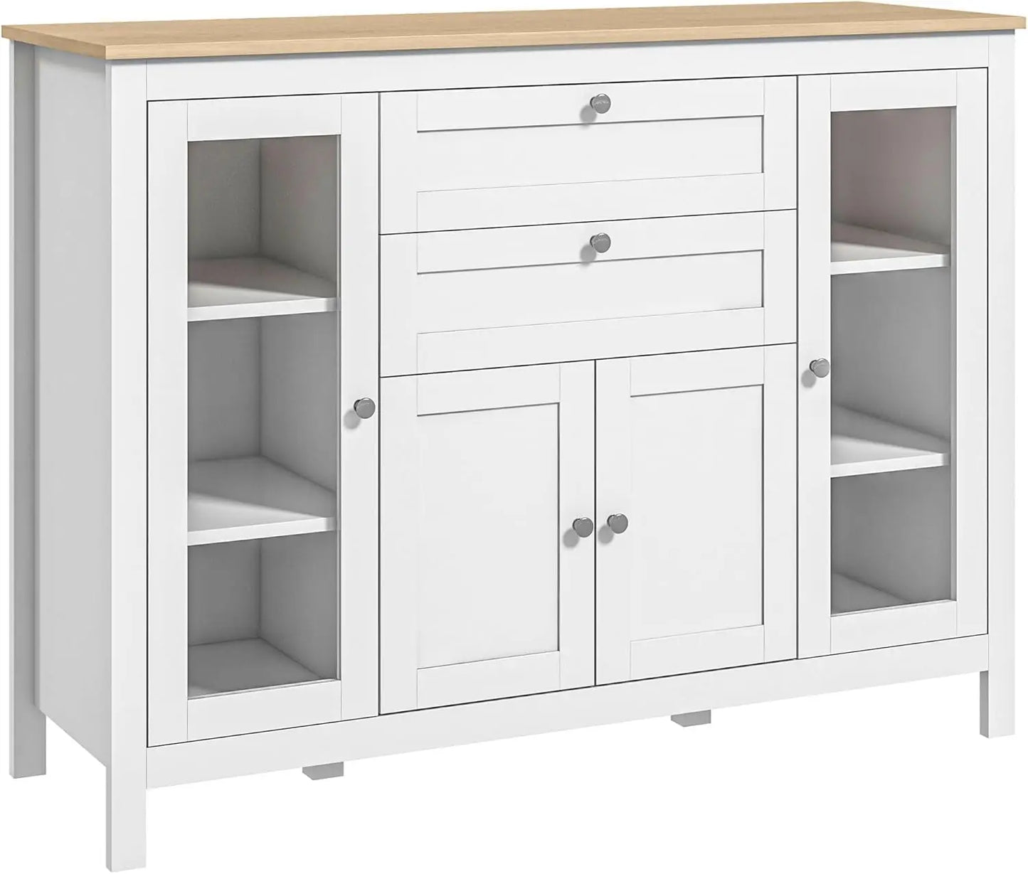 47" Sideboard Buffet With Rubber Wood Top, Glass Door,  Drawers, Adjustable