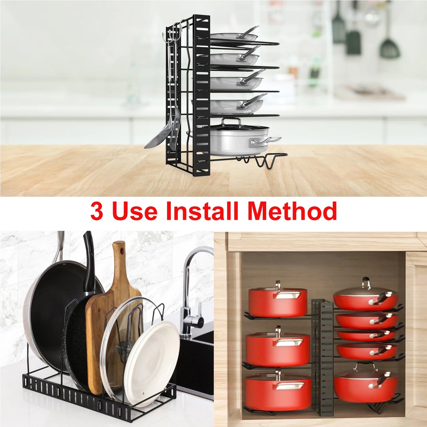 8-Tier Duty Pot Rack Organizer Durable Metal Space-saving Cabinet Holder