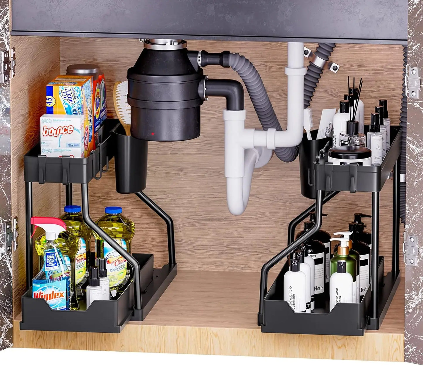 Under-sink storage rack, kitchen cabinet storage, dual-slide storage drawer,