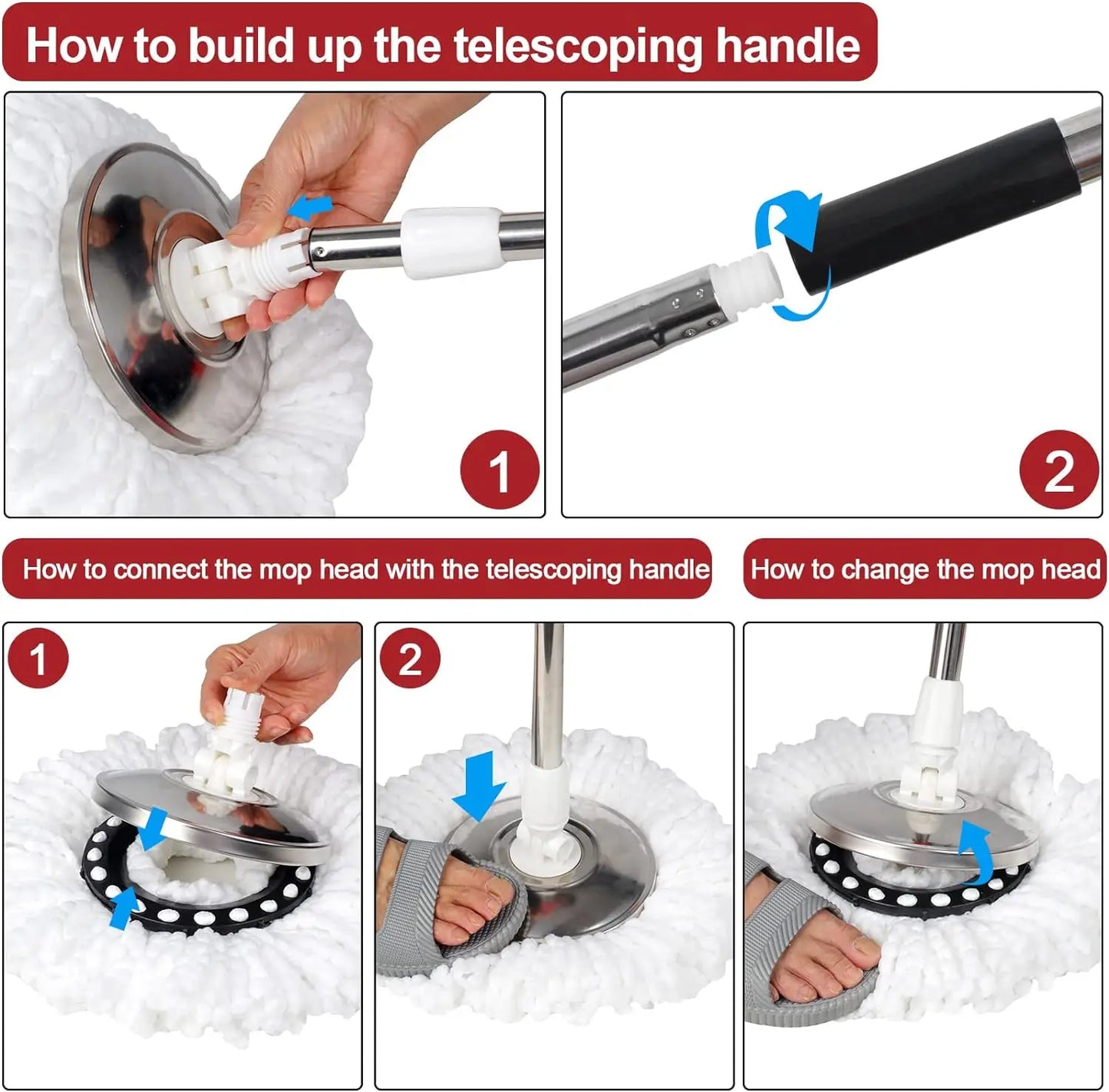 360° Spin Mop Bucket Sets with Wring System in 3 Microfiber Heads, Stainless Steel