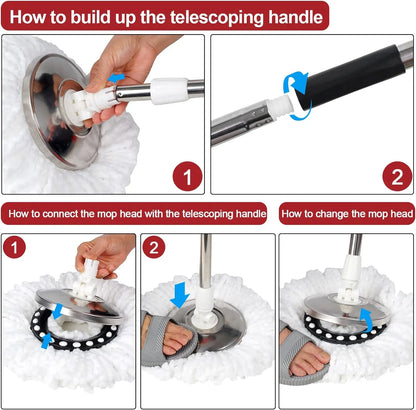 360° Spin Mop Bucket Sets with Wring System in 3 Microfiber Heads, Stainless Steel