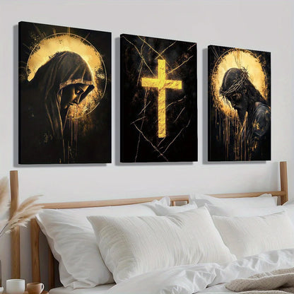 3pcs Religious Canvas Art Set - Golden Cross, Virgin Mary & Jesus, Solemn & Mystical Christian Wall Decor with Wooden Frame, 2D