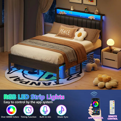 Queen Size Bed Frame with Charging Station and LED Lights, Platform